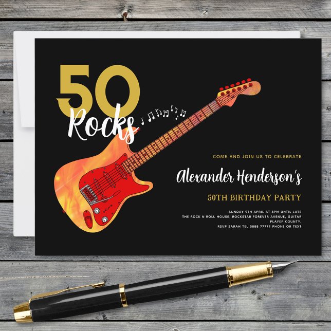 Rock and Roll 50th birthday party 50 rocks Invitation Postcard (Rock and roll 50th birthday party black and gold budget postcard invitation fire electric guitar)