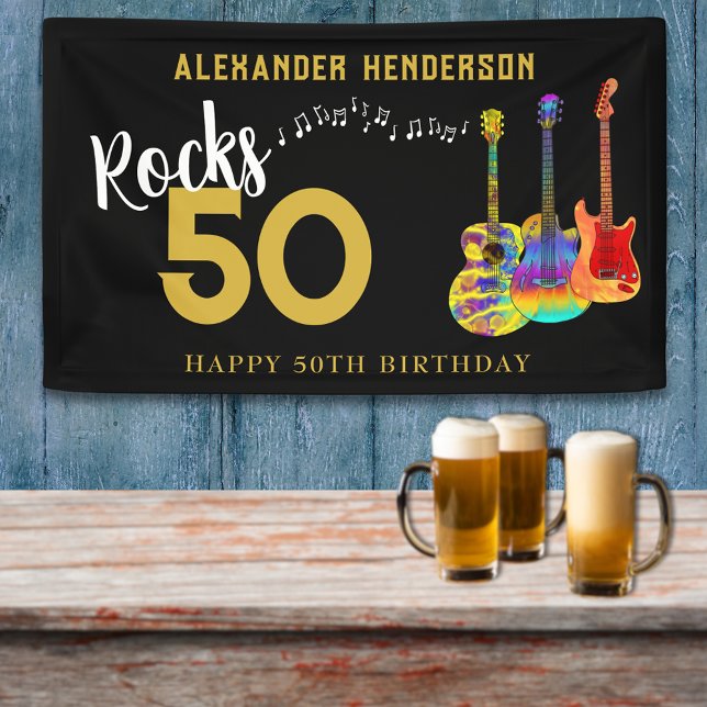 Rock and Roll 50th Birthday Party for him Banner (Rock and roll 50th birthday party banner funky guitars personalized for him gold and Black)