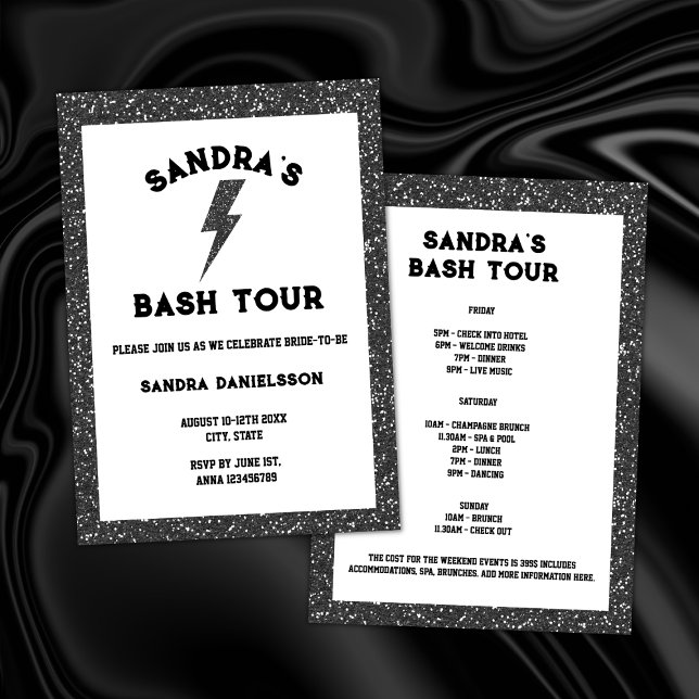 Rock and Roll Black Bach Tour Bachelorette Weekend Invitation (rock and roll bachelorette party black glitter rock bride weekend itinerary)