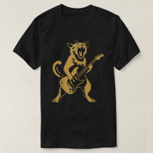 Rock and Roll Cat Playing Guitar   Funny Music Art T-Shirt