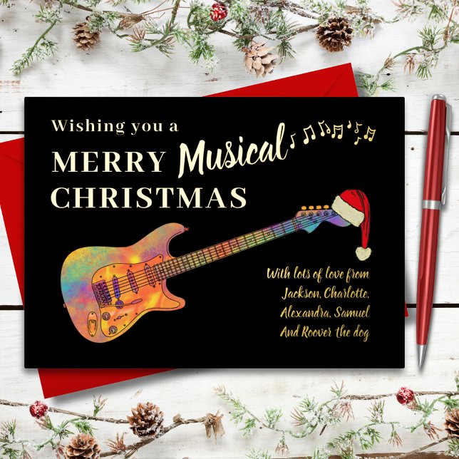 Rock and Roll Christmas Guitar Black and Gold (Rock and roll christmas funky guitar black and gold foil custom holiday greetings card)
