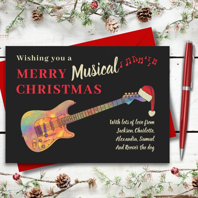 Rock and Roll Christmas Guitar Wearing a Santa Hat Holiday Card (Rock and roll christmas guitar custom holiday greetings card merry musical funky electric guitar)