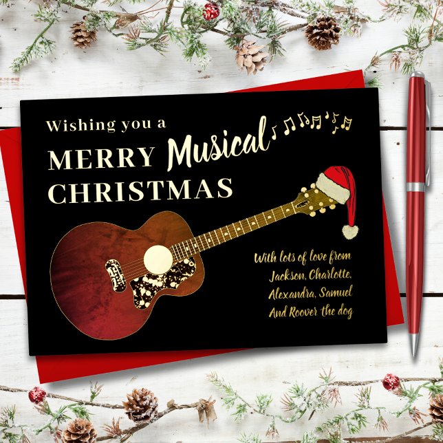 Rock and Roll Christmas Rustic Guitar Gold (Rock and roll Christmas rustic guitar black and gold foil music themed custom holiday greetings card)
