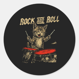 Rock And Roll Funny Cat Playing Drum For Men Women Classic Round Sticker