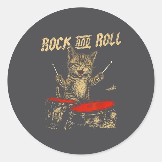 Rock And Roll Funny Cat Playing Drum For Men Women Classic Round Sticker (Front)