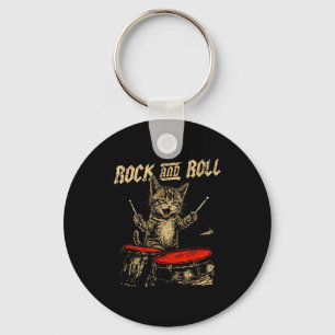 Rock And Roll Funny Cat Playing Drum For Men Women Key Ring