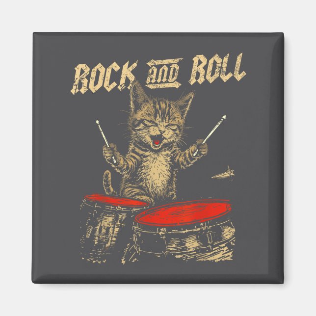 Rock And Roll Funny Cat Playing Drum For Men Women Magnet (Front)