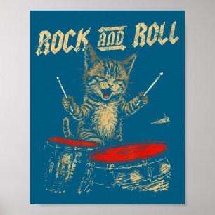 Rock And Roll Funny Cat Playing Drum For Men Women Poster