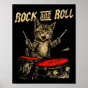 Rock And Roll Funny Cat Playing Drum For Men Women Poster