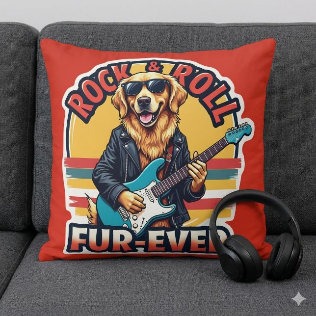 Rock and Roll Fur-Ever Golden Retriever Dog  Cushion (Rock and Roll Fur-Ever Golden Retriever Dog Throw Pillow On Sofa)