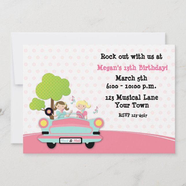 Rock and Roll Girls Birthday Invitation (Front)