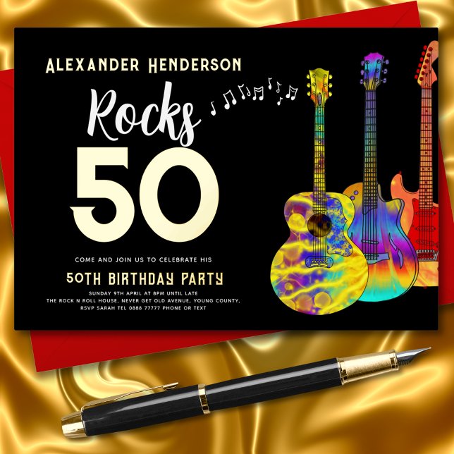 Rock and Roll Guitar 50th Birthday Gold (Rock and roll 50th birthday invitation black and gold foil rocks 50 colorful guitar and music)