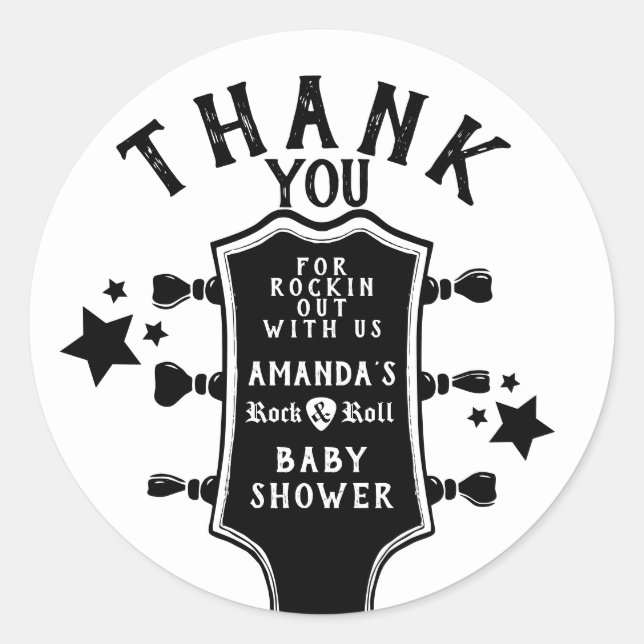 Rock and Roll Guitar Baby Shower Thank You Classic Round Sticker (Front)
