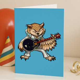 Rock and Roll Guitar Owl in Jumpsuit Cartoon