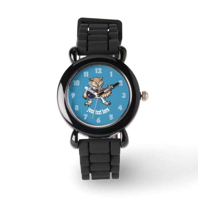 Rock and Roll Guitar Owl in Jumpsuit Cartoon Watch (Front)