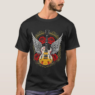 Rock And Roll Guitar With Wings Rose Circle Design T-Shirt