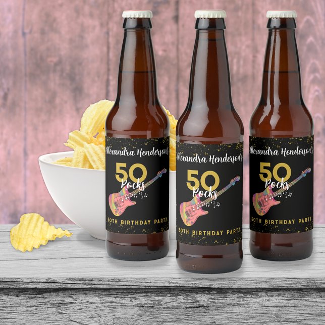 Rock and Roll Pink Black Gold 50th Birthday Party Beer Bottle Label (50 rocks pink black and gold glitter rock and roll 50th birthday party personalized beer labels)