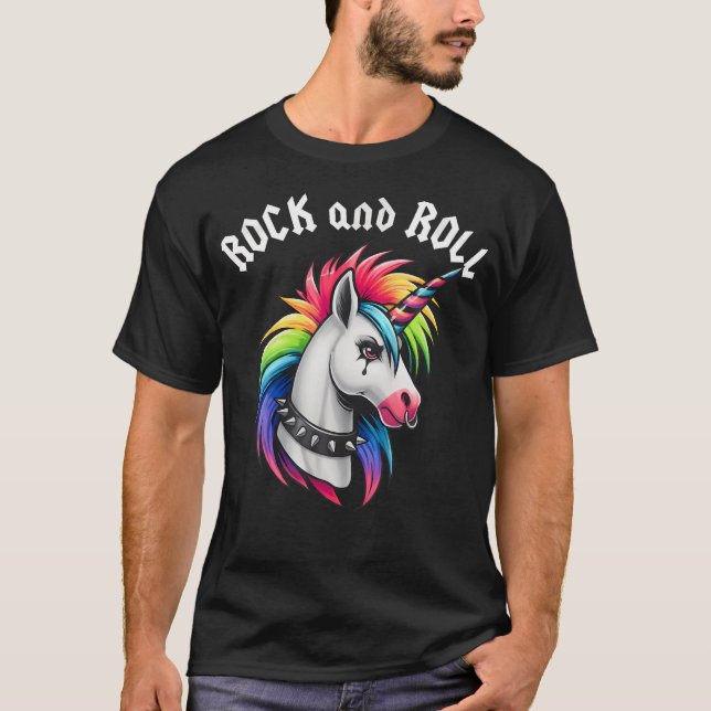Rock And Roll Rainbow Unicorn Emo Goth T-Shirt (Front)