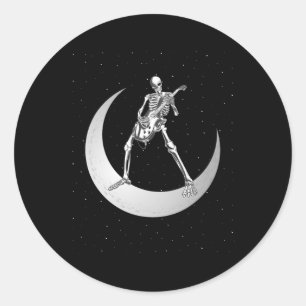 Rock And Roll Skeleton Playing Guitar Rock On Moon Classic Round Sticker