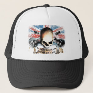 rock and roll skull flag and guitars trucker hat