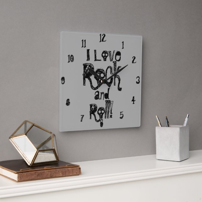 Rock and Roll Skulls Black Gray Square Wall Clock (Office)