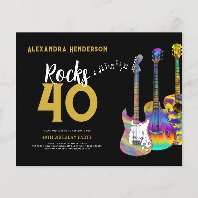 Rock and Roll Themed 40th Birthday Party Budget Flyer (Front)