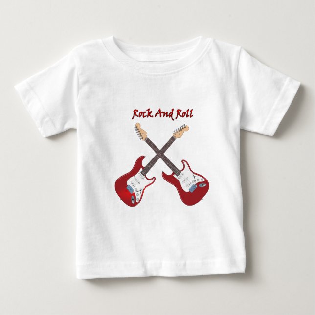 Rock and roll with two white red electric guitars baby T-Shirt (Front)