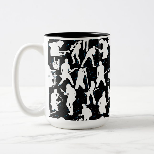 Rock Band Silhouette Pattern.w Black BG Two-Tone Coffee Mug (Left)