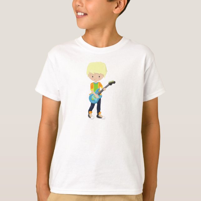 Rock Boy, Blonde Hair, Guitar Player, Band, Music T-Shirt (Front)