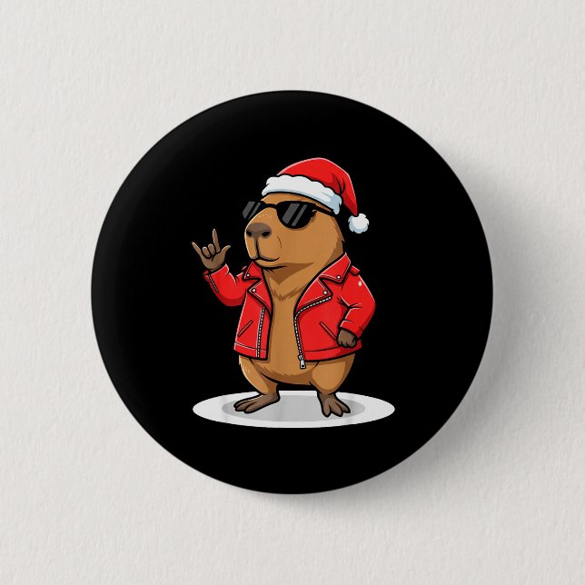 Rock Capybara Xmas Santa Men Women Kids Funny Ugly 6 Cm Round Badge (Front)