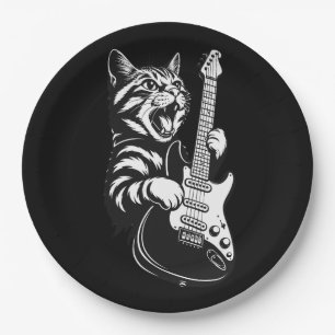 Rock Cat Playing Electric Guitar Cool Music Love Paper Plate
