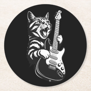 Rock Cat Playing Electric Guitar   Cool Music Love Round Paper Coaster