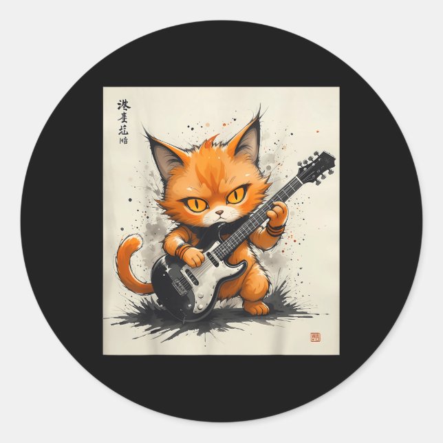 Rock Cat Playing Guitar Funny Cat  Classic Round Sticker (Front)
