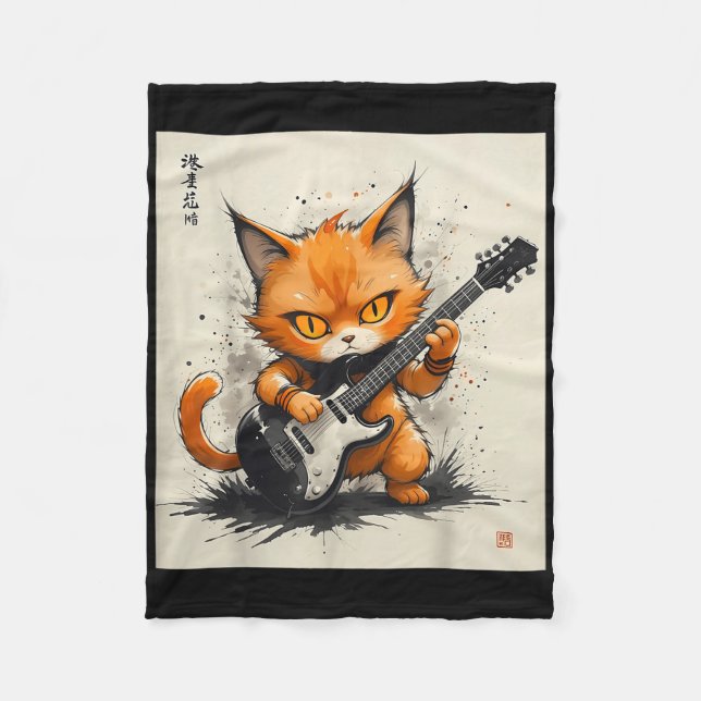 Rock Cat Playing Guitar Funny Cat  Fleece Blanket (Front)