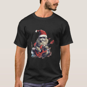 Rock Cat Playing Guitar Funny Christmas Santa Clau T-Shirt