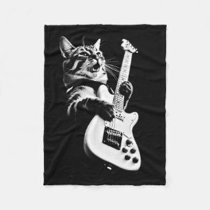Rock Cat Playing Guitar - Funny Guitar Cat 1 Fleece Blanket