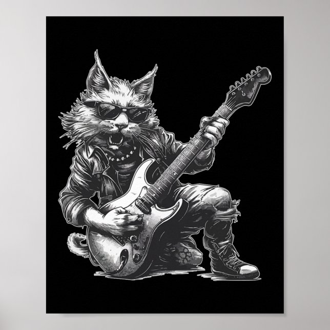 Rock Cat Playing Guitar Funny Guitar Cat  Poster (Front)