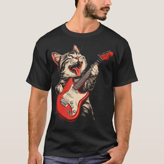 Rock Cat Playing Guitar T-Shirt (Front)