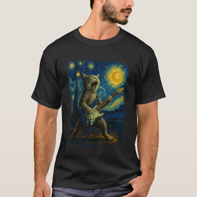 Rock Cat Playing Guitar Under Starry Night T-Shirt (Front)
