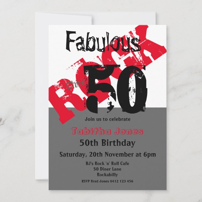 Rock Chick 50 & Fabulous Red Black 50th Birthday Invitation (Front)
