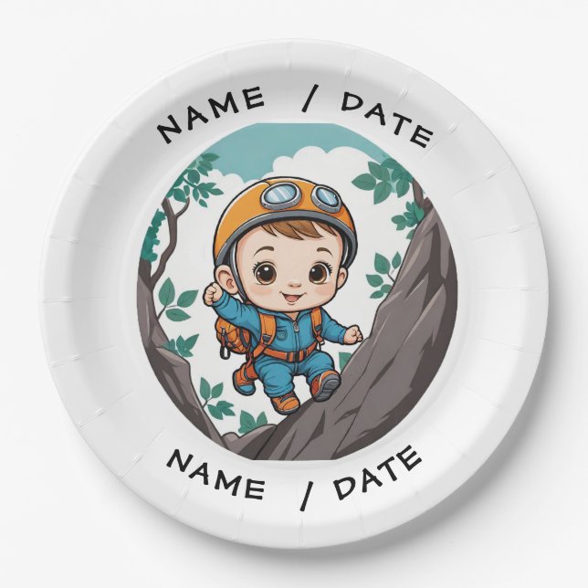 Rock Climber Outdoor Adventure Baby Boy Paper Plate (Front)