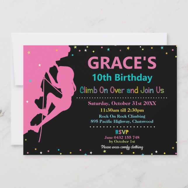 Rock Climbing Birthday Party Girl Pink Rainbow Invitation (Front)