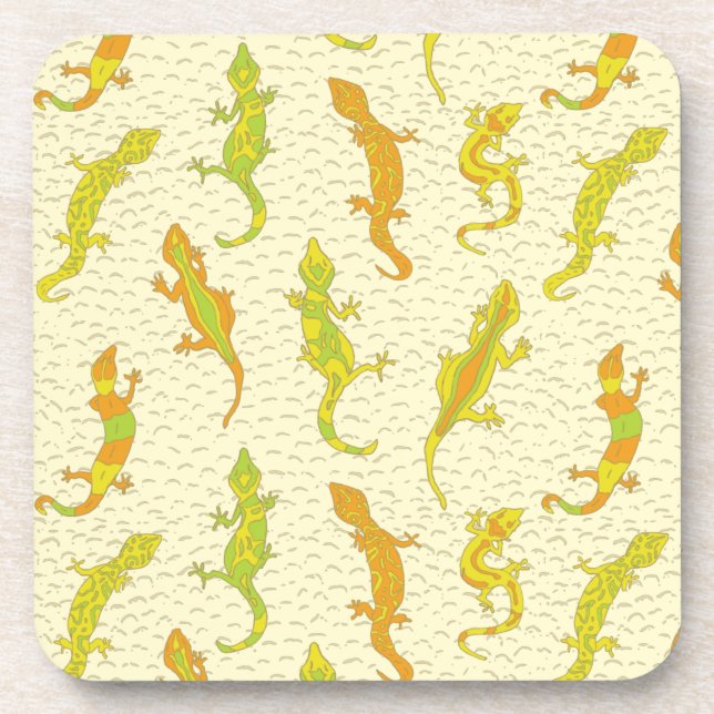 Rock Climbing Geckos on yellow - seamless pattern. Coaster (Front)