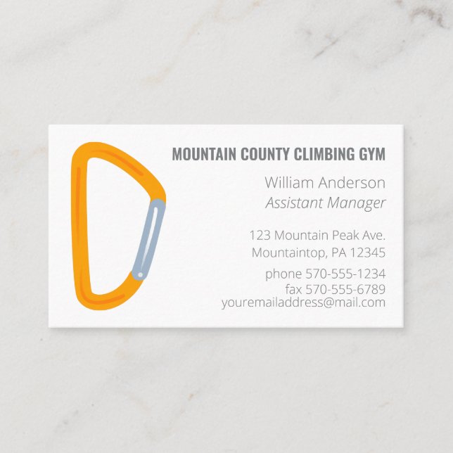 Rock Climbing Gym, Guide Carabiner Clip Orange Business Card (Front)