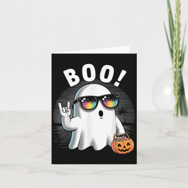 Rock Ghost Retro Halloween Pumpkin Funny Boo  Card (Front)