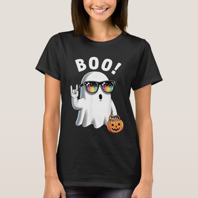 Rock Ghost Retro Halloween Pumpkin Funny Boo T-Shirt (Front)