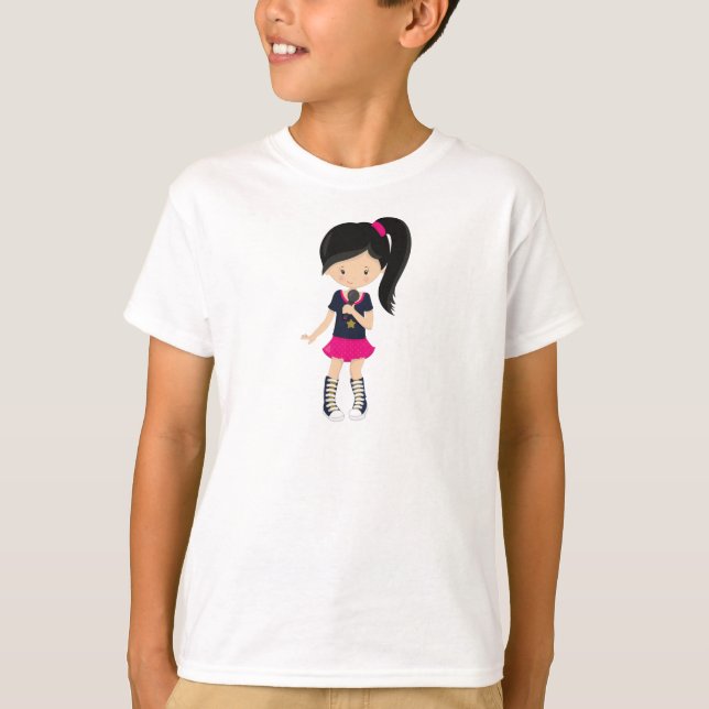 Rock Girl, Black Hair, Microphone, Band Singer T-Shirt (Front)