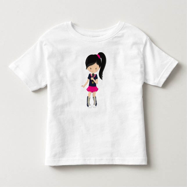 Rock Girl, Black Hair, Microphone, Band Singer Toddler T-Shirt (Front)