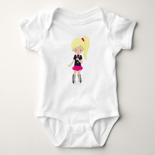 Rock Girl, Blonde Hair, Microphone, Band Singer Baby Bodysuit (Front)