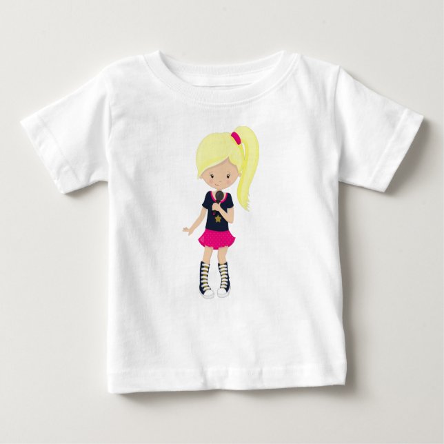 Rock Girl, Blonde Hair, Microphone, Band Singer Baby T-Shirt (Front)